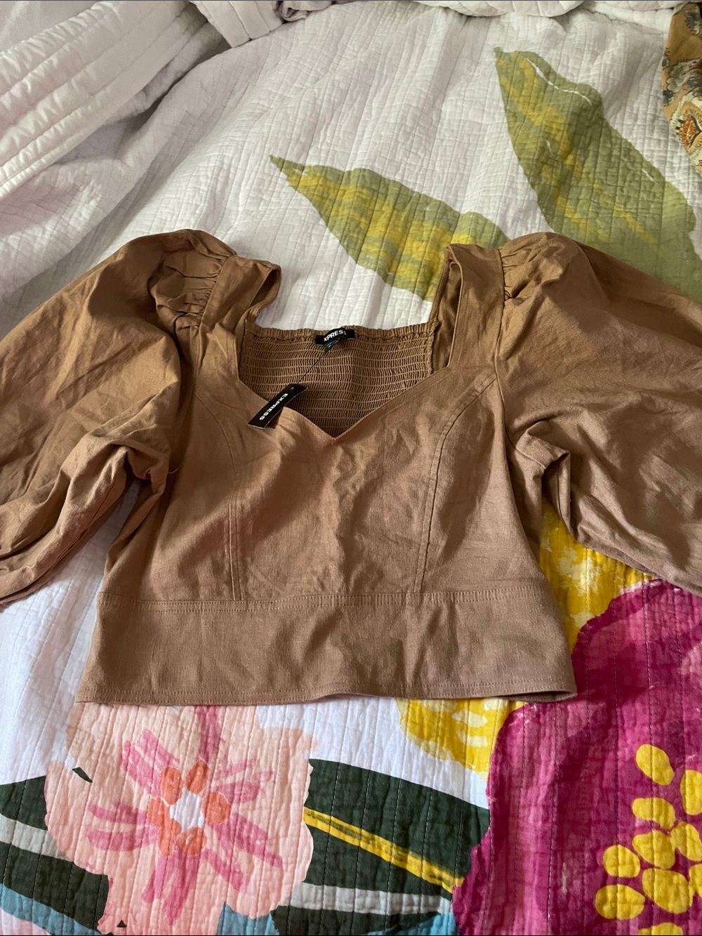Express Brown Puff-Sleeve Square-Neck Crop Top